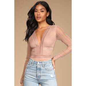 Lulus Casita Beige Sheer Lace Long Sleeve Bodysuit - Size M
